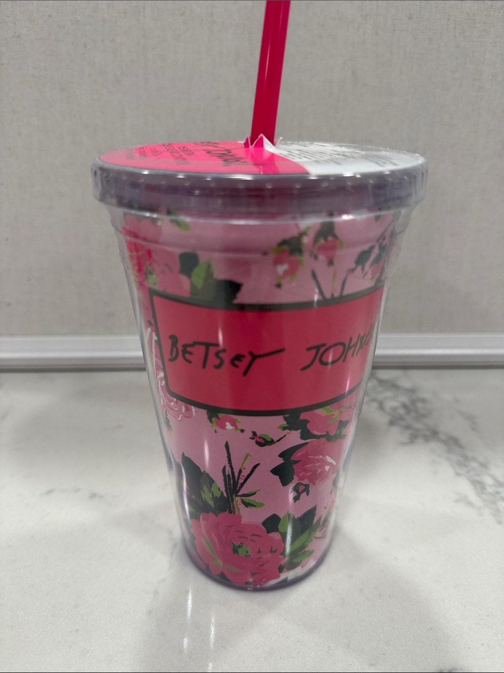 Betsey Johnson Vintage print Pink Floral Double-Wall Tumbler with Hot Pink Straw